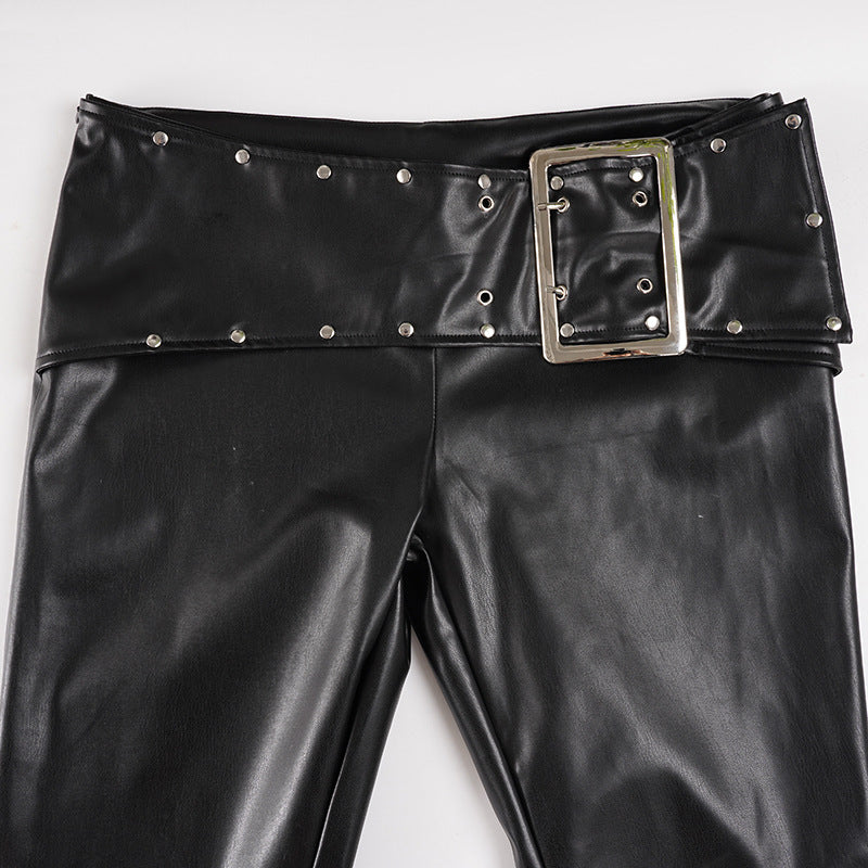 Y2K Glam Low Rise Faux Leather Flare Pants with Statement Buckle - Fall & Holiday Ready