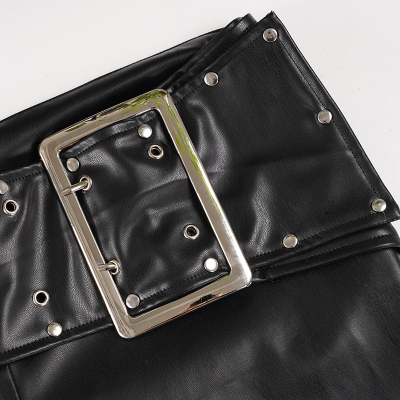 Y2K Glam Low Rise Faux Leather Flare Pants with Statement Buckle - Fall & Holiday Ready