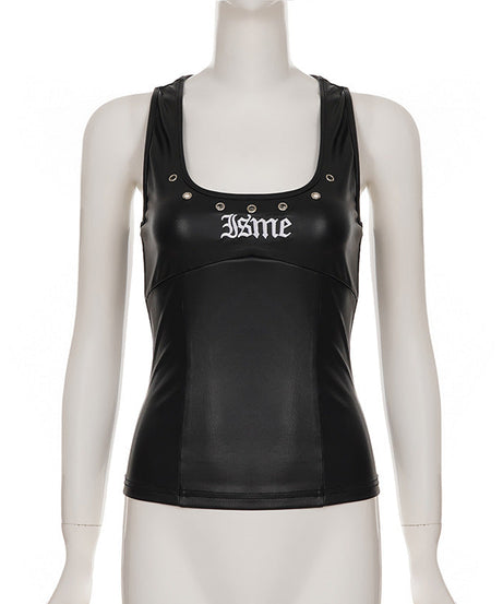 Rebel Chic Faux Leather J$me Tank Top | Edgy Grommet & Embroidery for Fall & Halloween