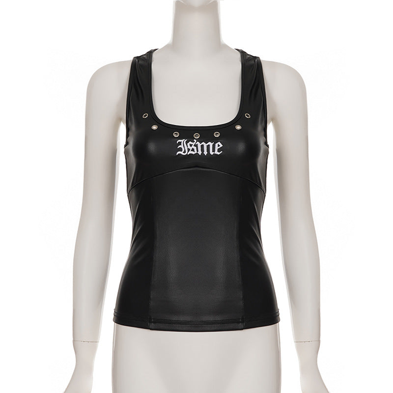 Rebel Chic Faux Leather J$me Tank Top | Edgy Grommet & Embroidery for Fall & Halloween