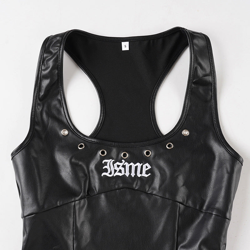 Rebel Chic Faux Leather J$me Tank Top | Edgy Grommet & Embroidery for Fall & Halloween