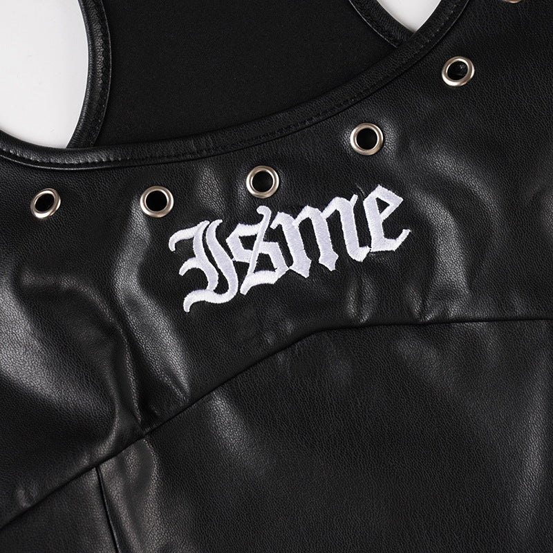 Rebel Chic Faux Leather J$me Tank Top | Edgy Grommet & Embroidery for Fall & Halloween
