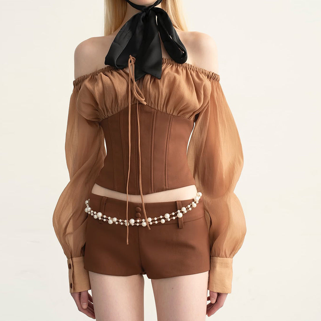 Autumn Allure Off-Shoulder Corset Top | Sheer Puff Sleeves & Structured Bodice