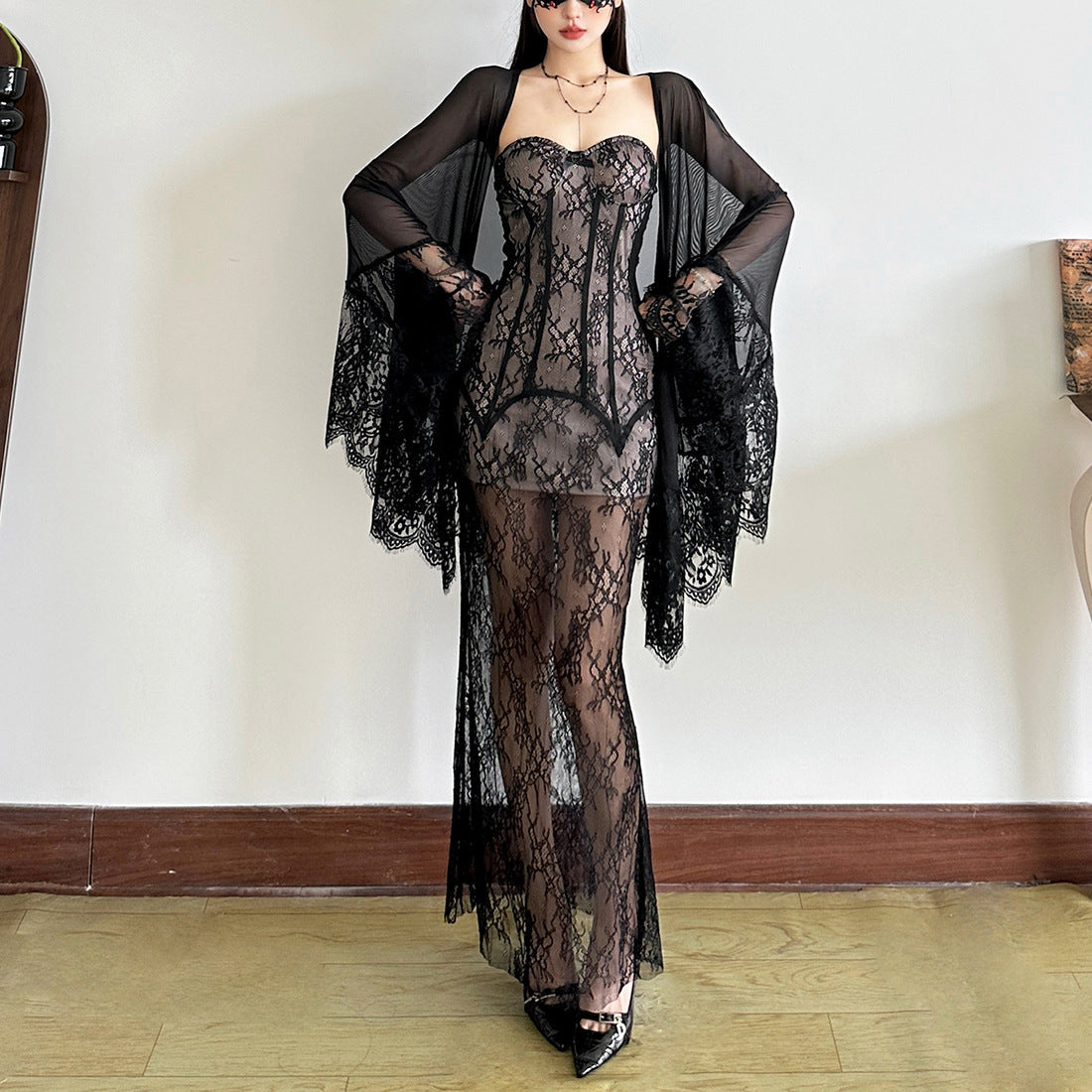 Bewitching Noir Lace Sweetheart Bustier Maxi Gown with Sheer Bolero – Perfect for Halloween & Fall Soirees