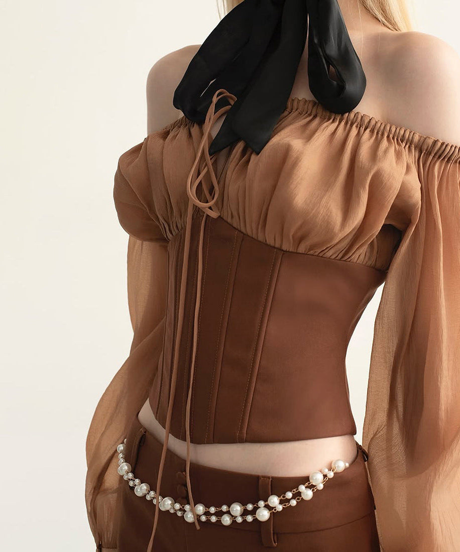 Autumn Allure Off-Shoulder Corset Top | Sheer Puff Sleeves & Structured Bodice