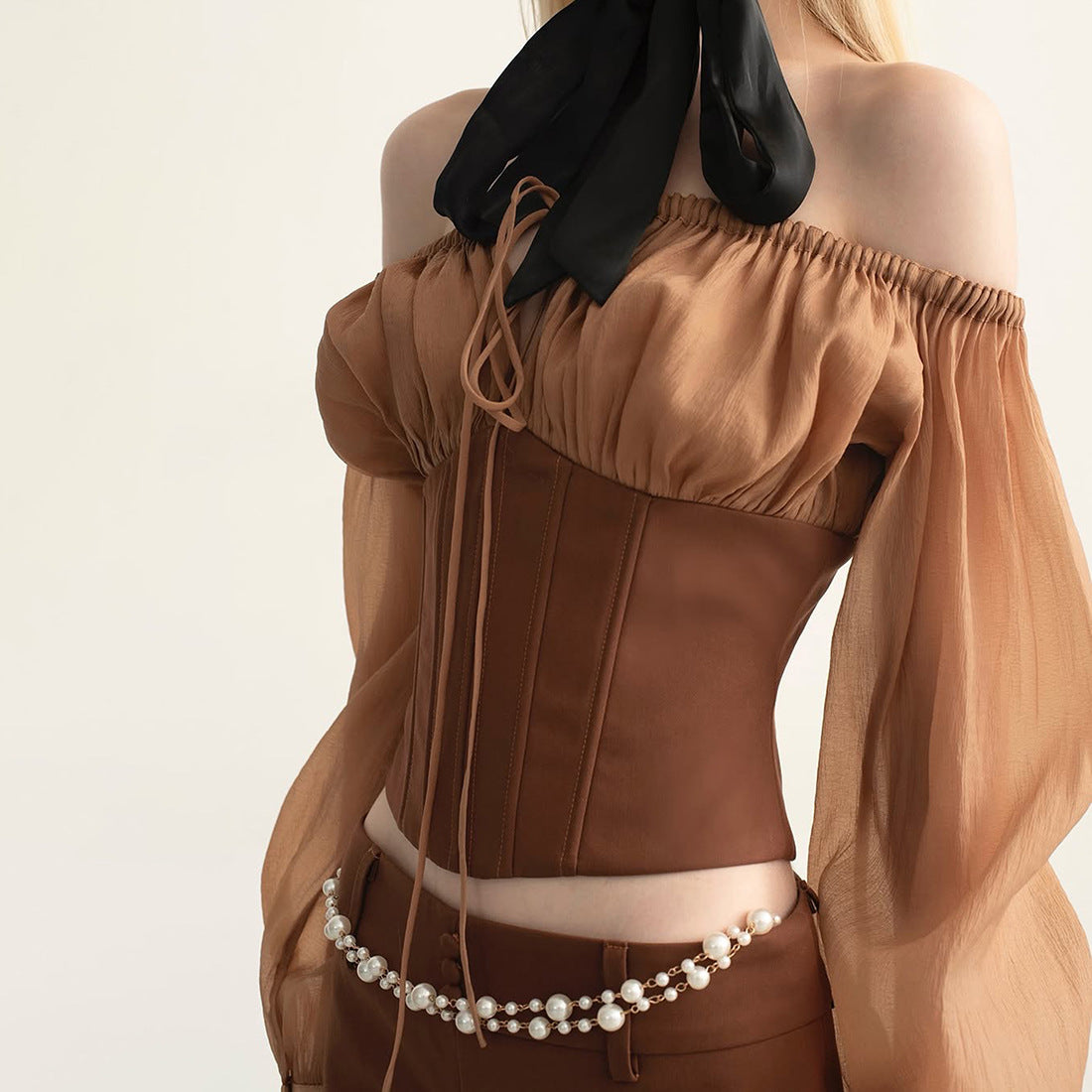 Autumn Allure Off-Shoulder Corset Top | Sheer Puff Sleeves & Structured Bodice