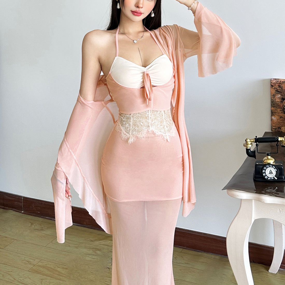 Fall Dream: Sky Blue Lace Halter Midi Dress & Sheer Kimono Cardigan Set