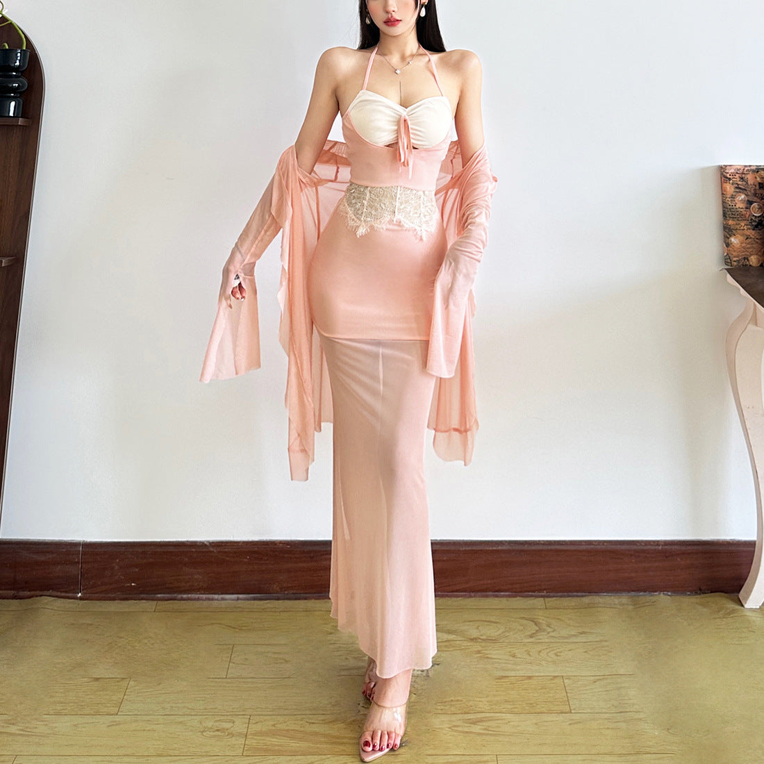 Fall Soirée Luxe: Blush Halter Maxi Dress & Sheer Bolero Set | Elegant Party & Resort Wear