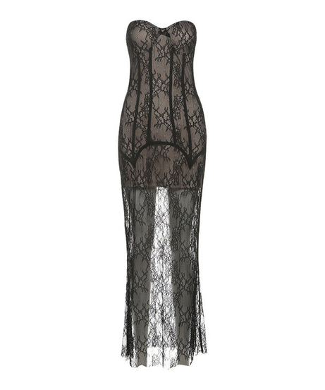 Bewitching Noir Lace Sweetheart Bustier Maxi Gown with Sheer Bolero – Perfect for Halloween & Fall Soirees