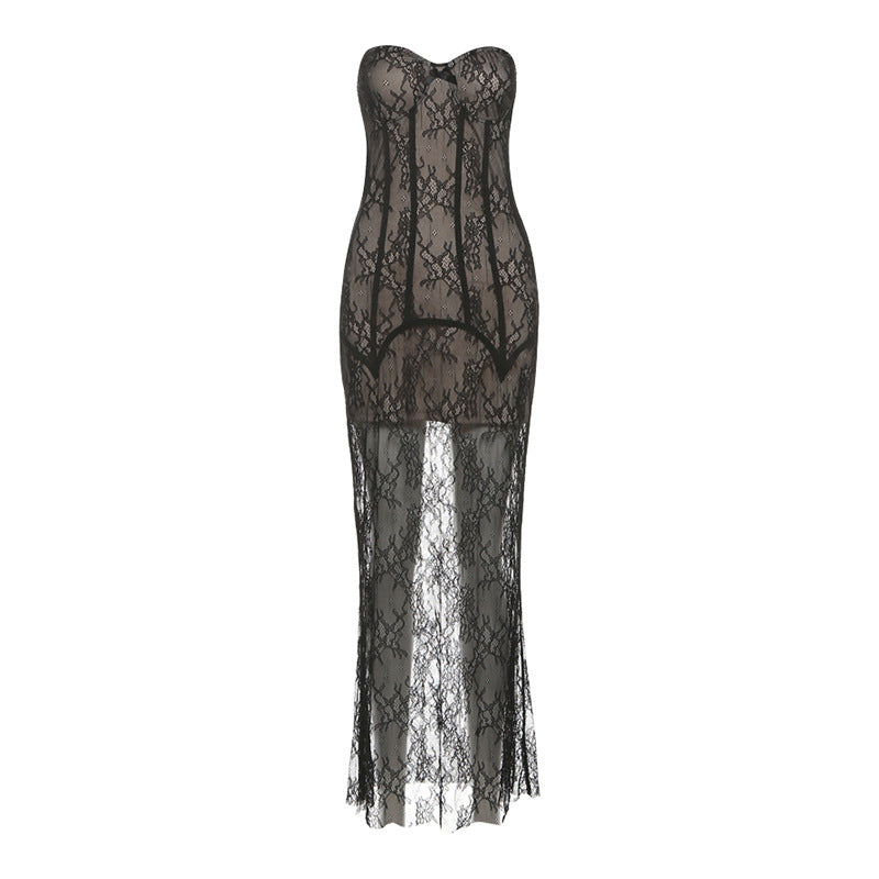 Bewitching Noir Lace Sweetheart Bustier Maxi Gown with Sheer Bolero – Perfect for Halloween & Fall Soirees