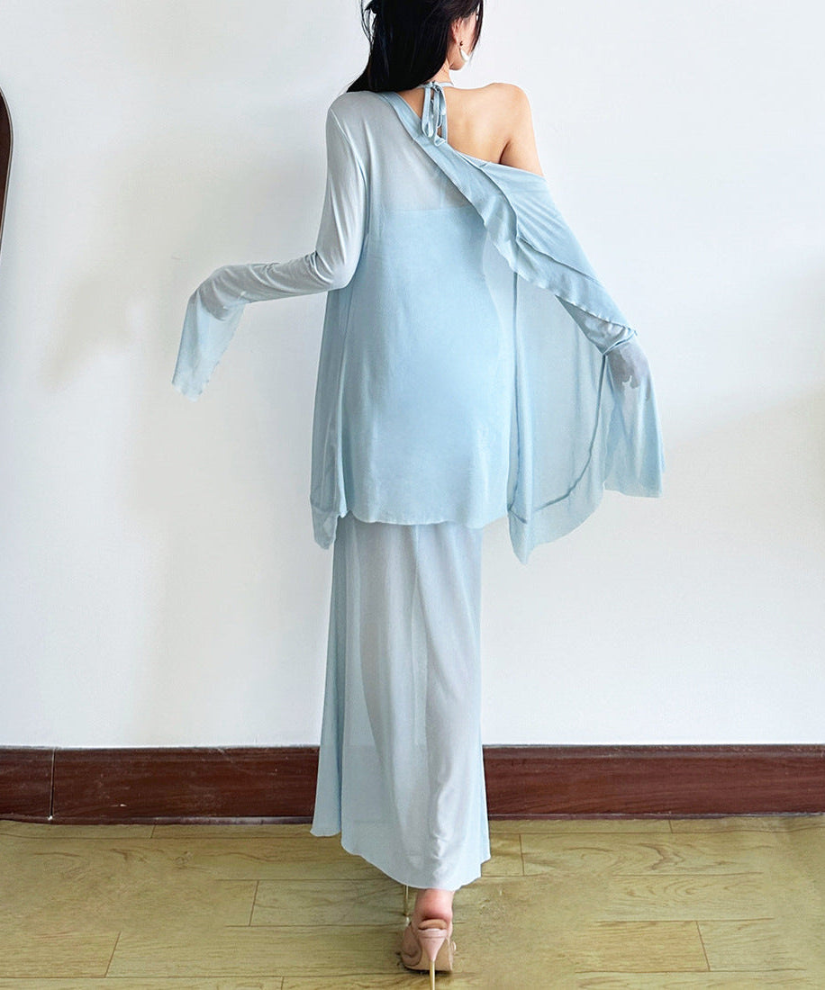 Fall Dream: Sky Blue Lace Halter Midi Dress & Sheer Kimono Cardigan Set