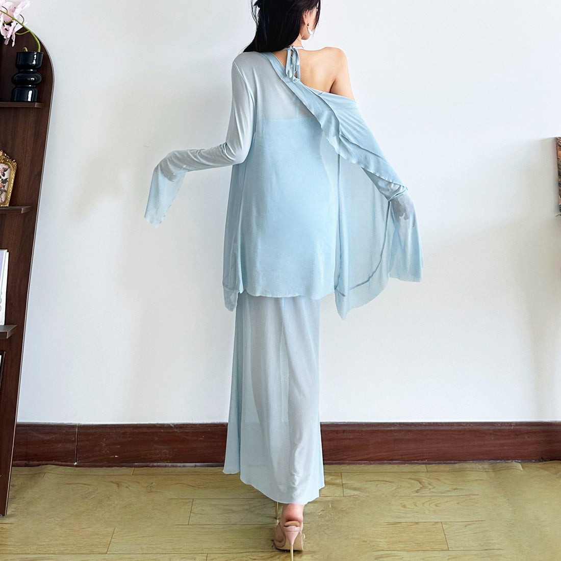 Fall Dream: Sky Blue Lace Halter Midi Dress & Sheer Kimono Cardigan Set