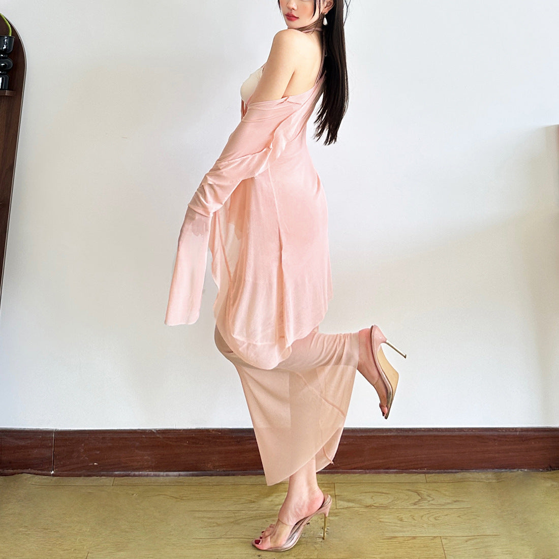 Fall Soirée Luxe: Blush Halter Maxi Dress & Sheer Bolero Set | Elegant Party & Resort Wear