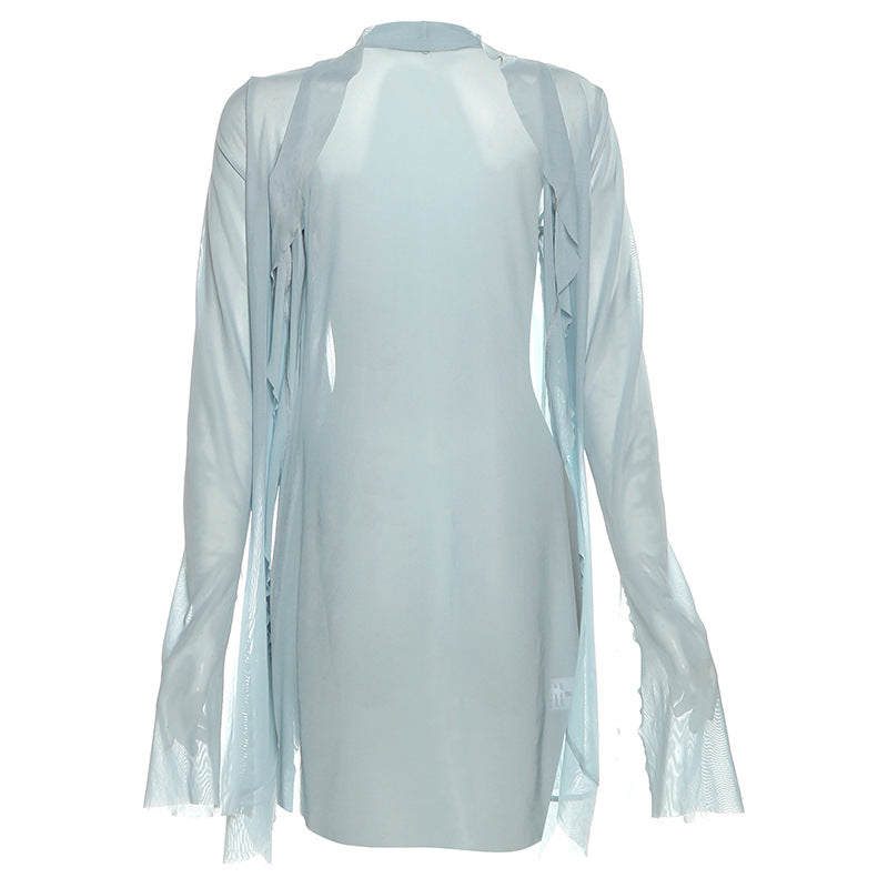 Fall Dream: Sky Blue Lace Halter Midi Dress & Sheer Kimono Cardigan Set