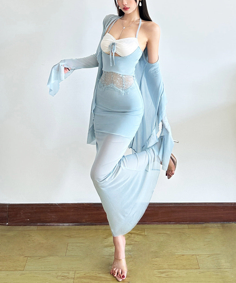 Fall Soirée Luxe: Blush Halter Maxi Dress & Sheer Bolero Set | Elegant Party & Resort Wear