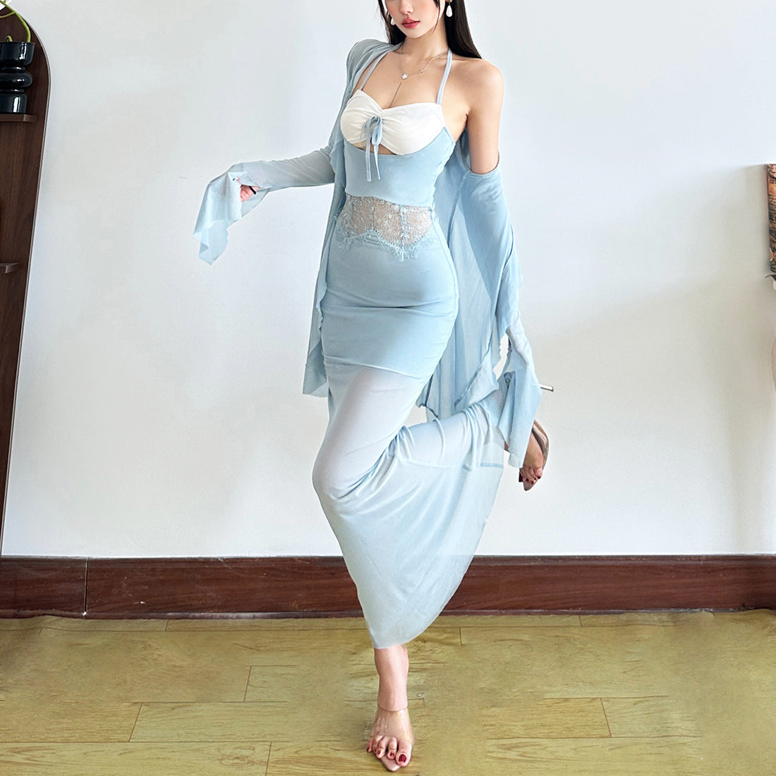 Fall Soirée Luxe: Blush Halter Maxi Dress & Sheer Bolero Set | Elegant Party & Resort Wear