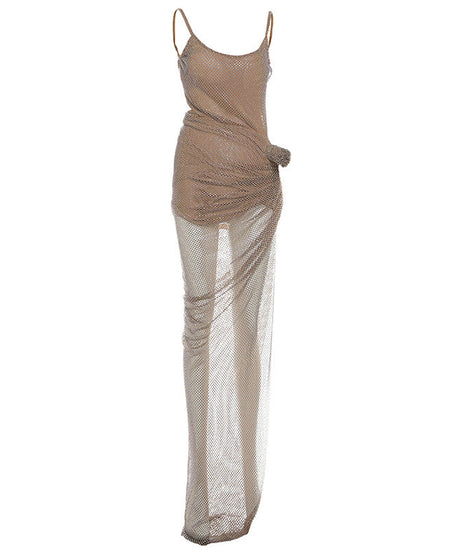 Dazzling Rhinestone Mesh Maxi Dress | High Slit & U-Neck - Your Ultimate Holiday & NYE Statement