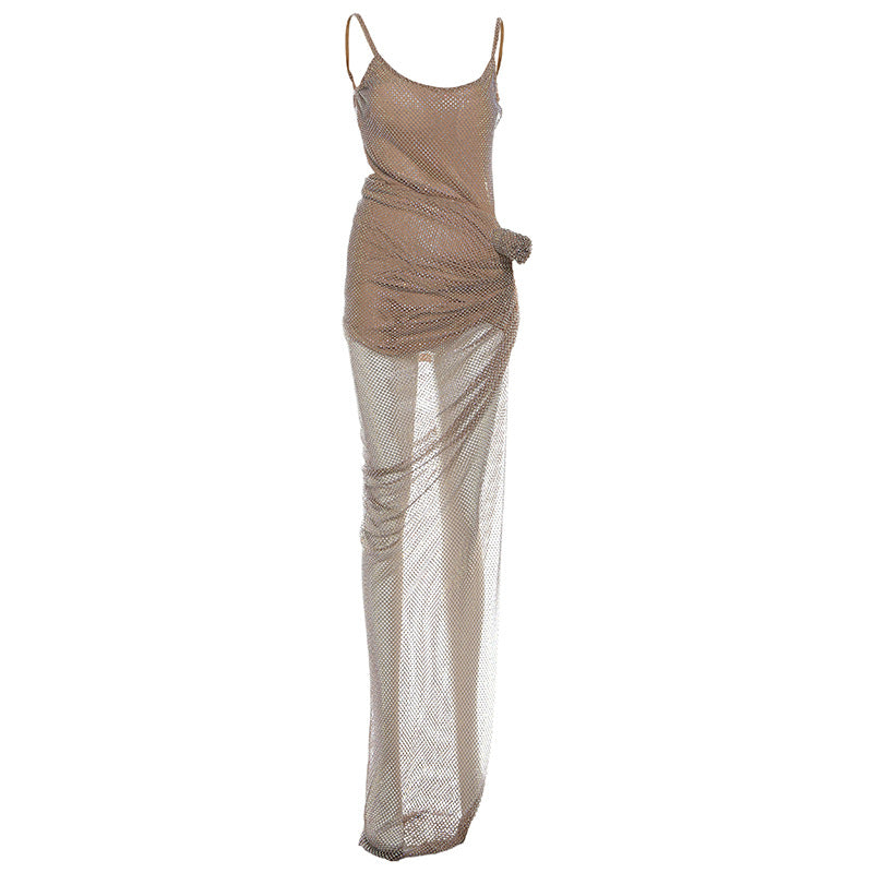 Dazzling Rhinestone Mesh Maxi Dress | High Slit & U-Neck - Your Ultimate Holiday & NYE Statement