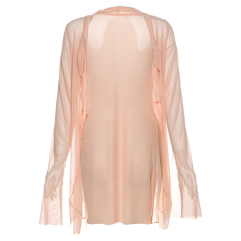 Fall Dream: Sky Blue Lace Halter Midi Dress & Sheer Kimono Cardigan Set