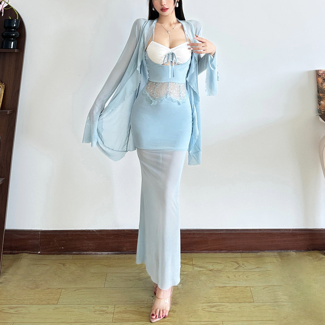 Fall Soirée Luxe: Blush Halter Maxi Dress & Sheer Bolero Set | Elegant Party & Resort Wear