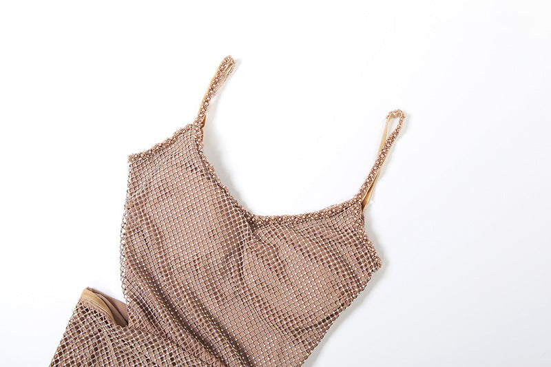 Dazzling Rhinestone Mesh Maxi Dress | High Slit & U-Neck - Your Ultimate Holiday & NYE Statement