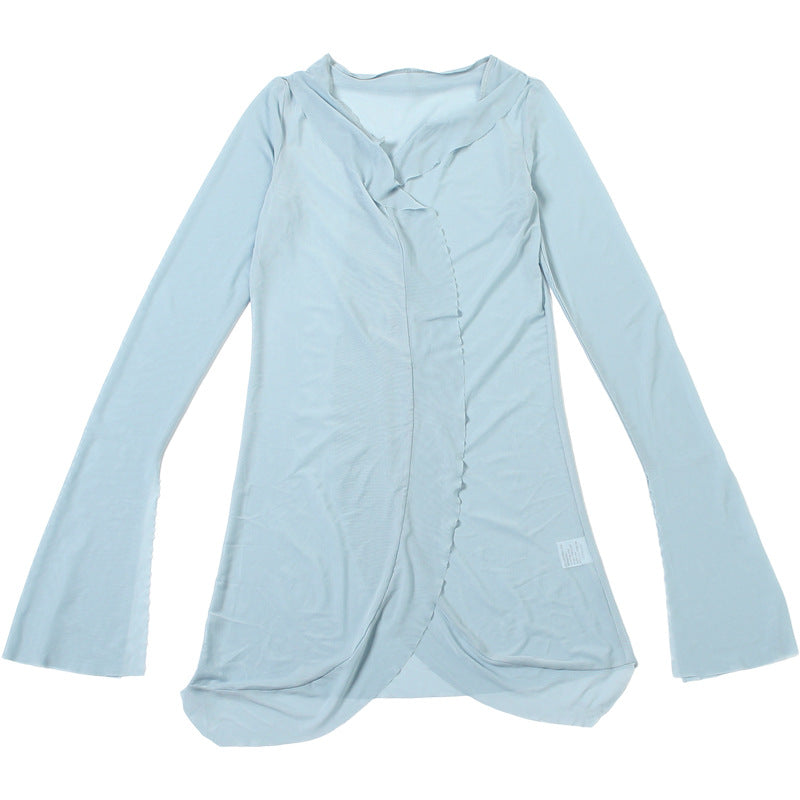 Fall Dream: Sky Blue Lace Halter Midi Dress & Sheer Kimono Cardigan Set