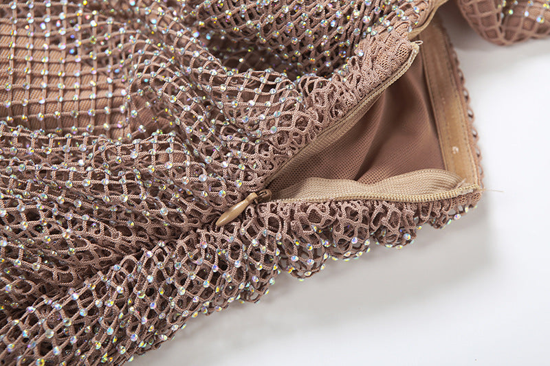 Dazzling Rhinestone Mesh Maxi Dress | High Slit & U-Neck - Your Ultimate Holiday & NYE Statement