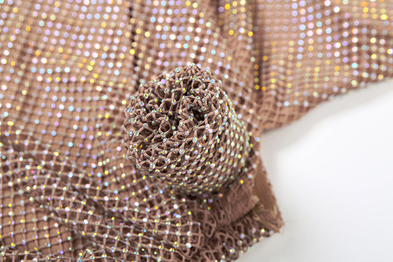 Dazzling Rhinestone Mesh Maxi Dress | High Slit & U-Neck - Your Ultimate Holiday & NYE Statement