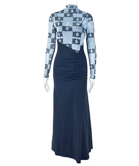 Fall Chic: Geometric Print Ruched High Neck Maxi Dress