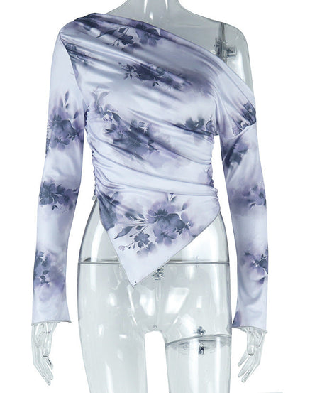 Chic Autumn Bloom One-Shoulder Asymmetrical Top | Long Sleeve Lavender Floral Blouse