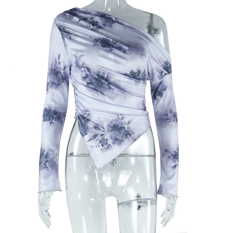 Chic Autumn Bloom One-Shoulder Asymmetrical Top | Long Sleeve Lavender Floral Blouse