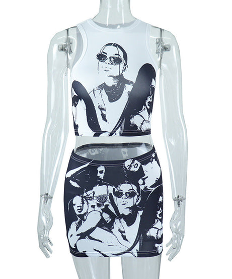 Edgy Monochrome Graphic Print Crop Top & Mini Skirt Set - Fall Statement Style
