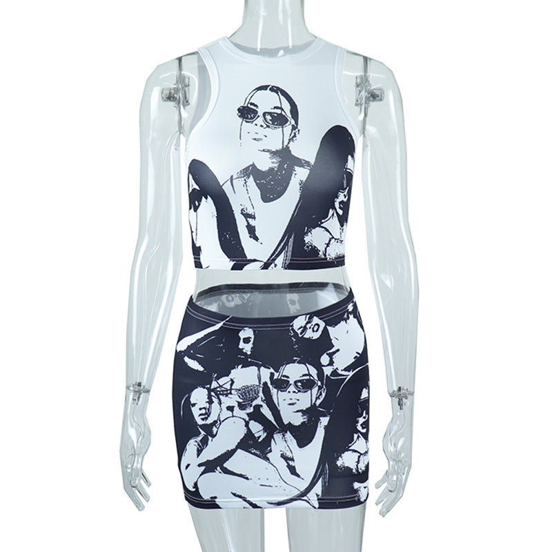 Edgy Monochrome Graphic Print Crop Top & Mini Skirt Set - Fall Statement Style