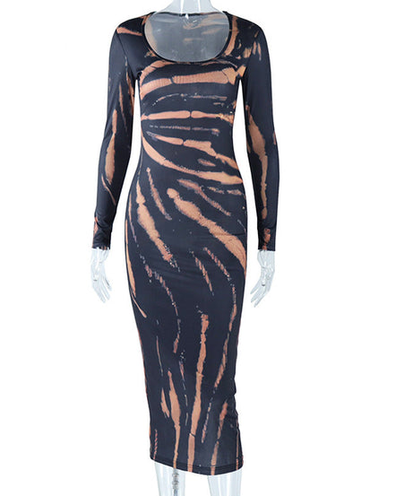 Chic Fall Statement: Long Sleeve Bleached Tiger Print Bodycon Maxi Dress