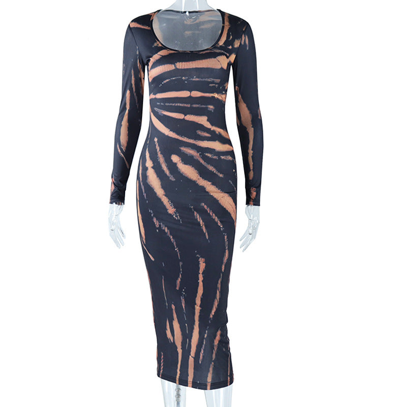 Chic Fall Statement: Long Sleeve Bleached Tiger Print Bodycon Maxi Dress