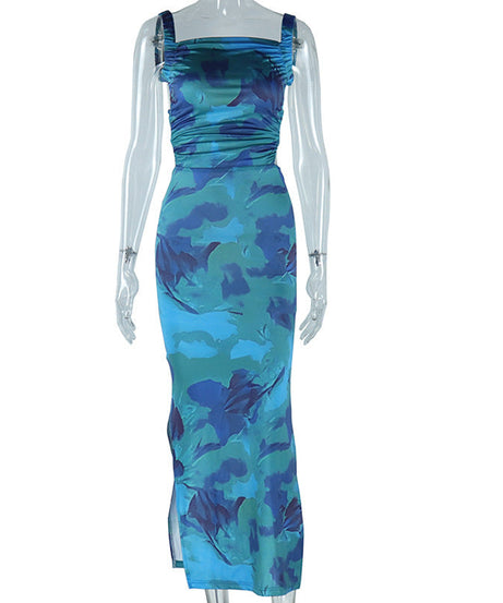 Chic Abstract Blue Ruched Maxi Dress – Square Neck, Side Slit & Backless Tie for Holiday Glam & Resort Escapes