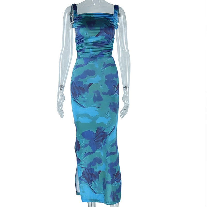 Chic Abstract Blue Ruched Maxi Dress – Square Neck, Side Slit & Backless Tie for Holiday Glam & Resort Escapes