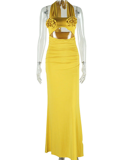 Chic Black Halter Cut-Out Maxi Gown with Rose Appliques – Your Ultimate Holiday Party & NYE Statement Piece