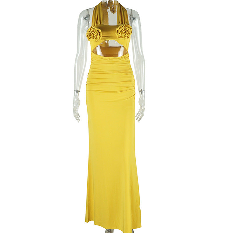 Chic Black Halter Cut-Out Maxi Gown with Rose Appliques – Your Ultimate Holiday Party & NYE Statement Piece