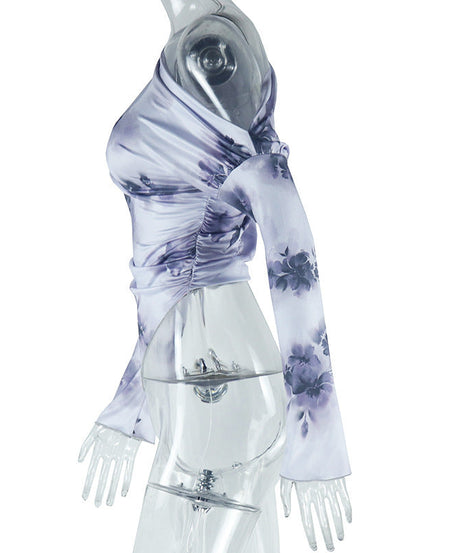 Chic Autumn Bloom One-Shoulder Asymmetrical Top | Long Sleeve Lavender Floral Blouse