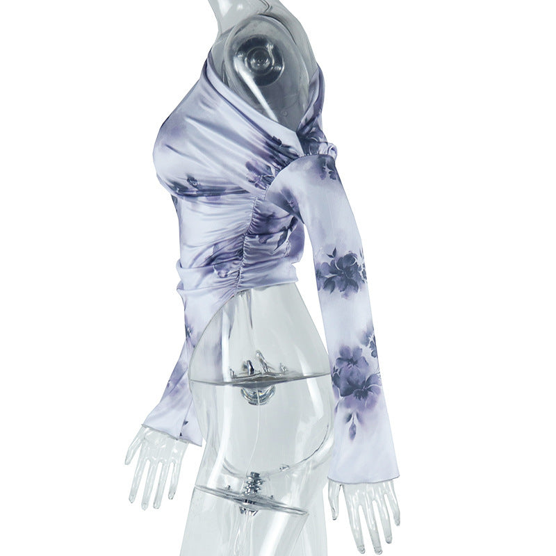 Chic Autumn Bloom One-Shoulder Asymmetrical Top | Long Sleeve Lavender Floral Blouse