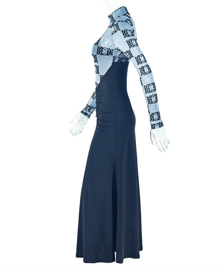 Fall Chic: Geometric Print Ruched High Neck Maxi Dress