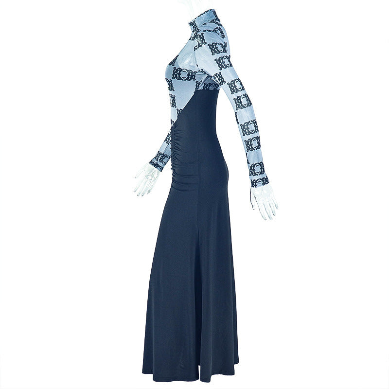 Fall Chic: Geometric Print Ruched High Neck Maxi Dress