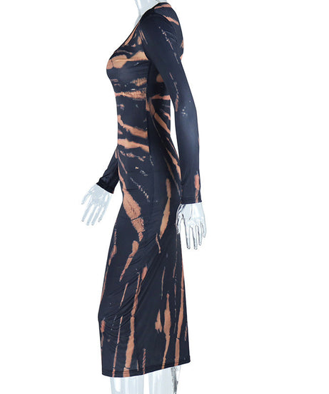 Chic Fall Statement: Long Sleeve Bleached Tiger Print Bodycon Maxi Dress