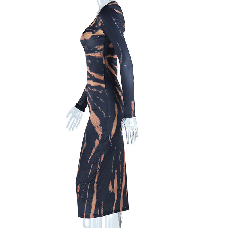 Chic Fall Statement: Long Sleeve Bleached Tiger Print Bodycon Maxi Dress