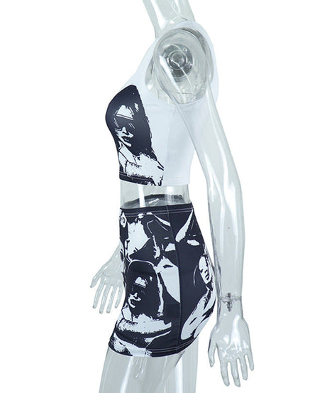 Edgy Monochrome Graphic Print Crop Top & Mini Skirt Set - Fall Statement Style