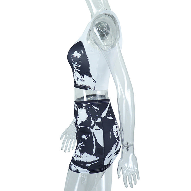 Edgy Monochrome Graphic Print Crop Top & Mini Skirt Set - Fall Statement Style
