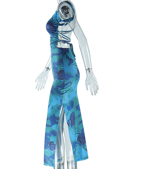 Chic Abstract Blue Ruched Maxi Dress – Square Neck, Side Slit & Backless Tie for Holiday Glam & Resort Escapes
