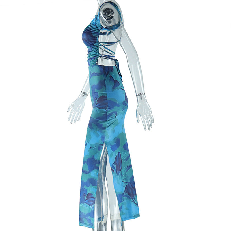 Chic Abstract Blue Ruched Maxi Dress – Square Neck, Side Slit & Backless Tie for Holiday Glam & Resort Escapes
