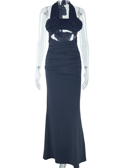 Chic Black Halter Cut-Out Maxi Gown with Rose Appliques – Your Ultimate Holiday Party & NYE Statement Piece